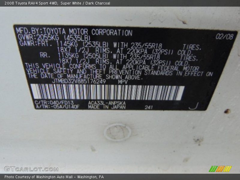 Super White / Dark Charcoal 2008 Toyota RAV4 Sport 4WD