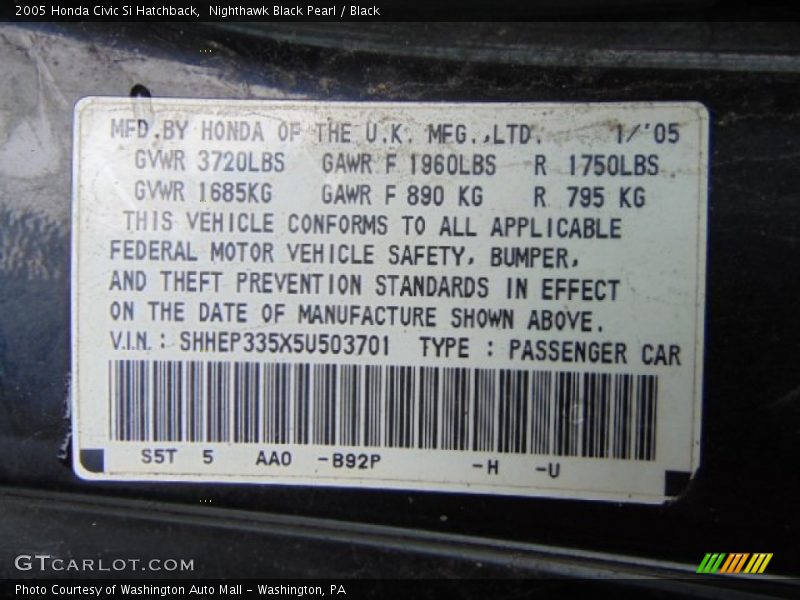 Nighthawk Black Pearl / Black 2005 Honda Civic Si Hatchback