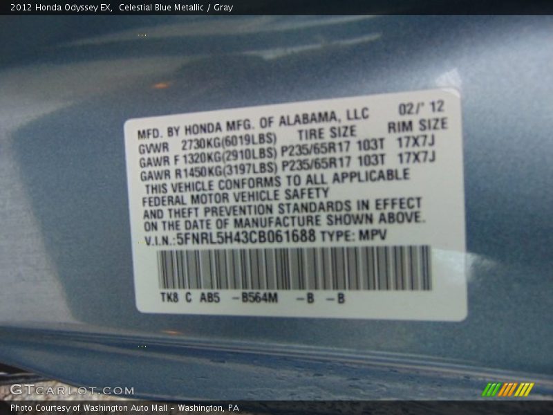 Celestial Blue Metallic / Gray 2012 Honda Odyssey EX