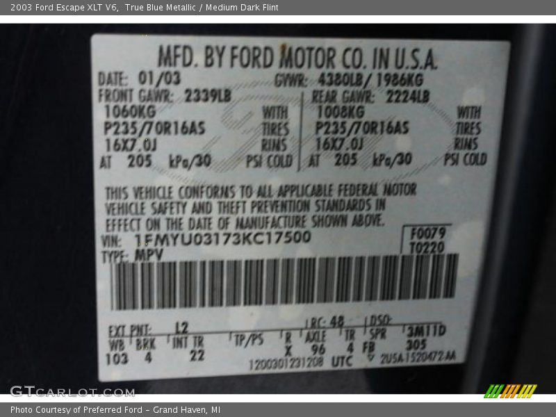 True Blue Metallic / Medium Dark Flint 2003 Ford Escape XLT V6