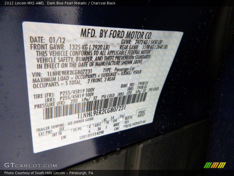Dark Blue Pearl Metallic / Charcoal Black 2012 Lincoln MKS AWD