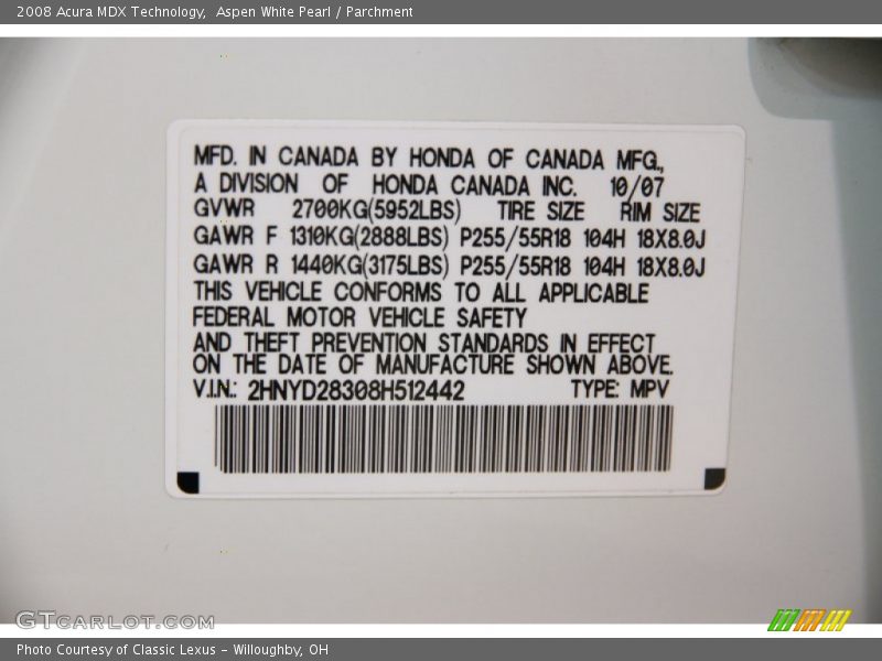 Aspen White Pearl / Parchment 2008 Acura MDX Technology