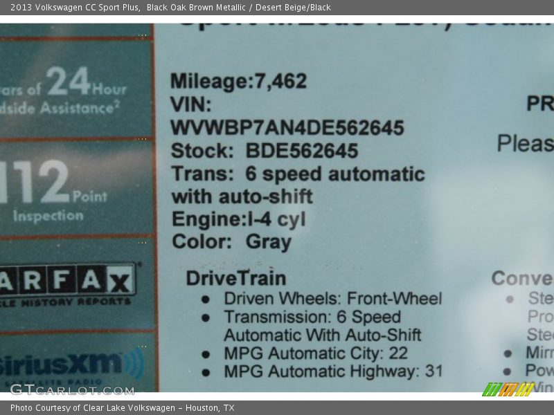 Black Oak Brown Metallic / Desert Beige/Black 2013 Volkswagen CC Sport Plus
