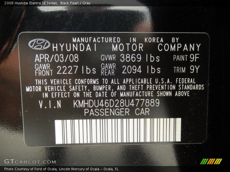 Black Pearl / Gray 2008 Hyundai Elantra SE Sedan