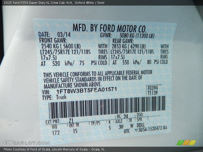 2015 F350 Super Duty XL Crew Cab 4x4 Oxford White Color Code Z1