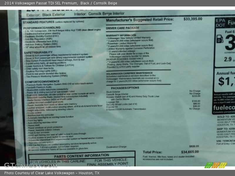 Black / Cornsilk Beige 2014 Volkswagen Passat TDI SEL Premium