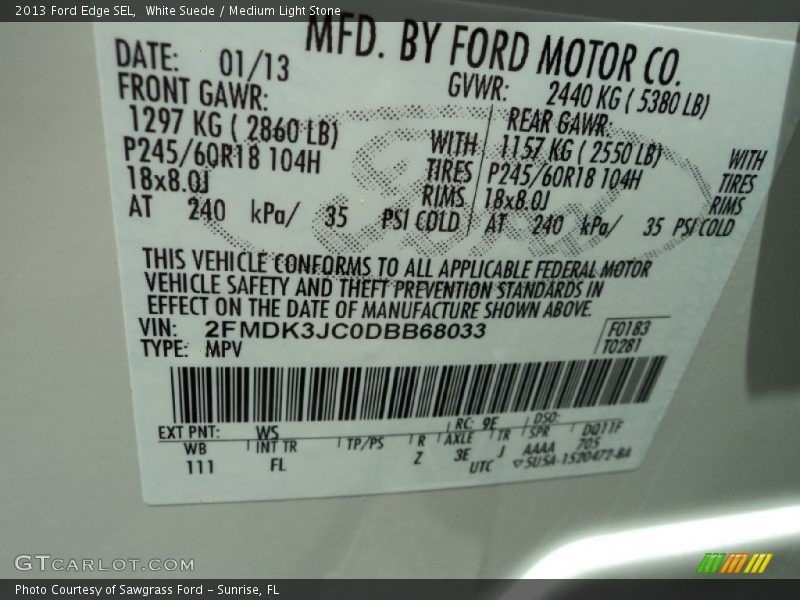 White Suede / Medium Light Stone 2013 Ford Edge SEL