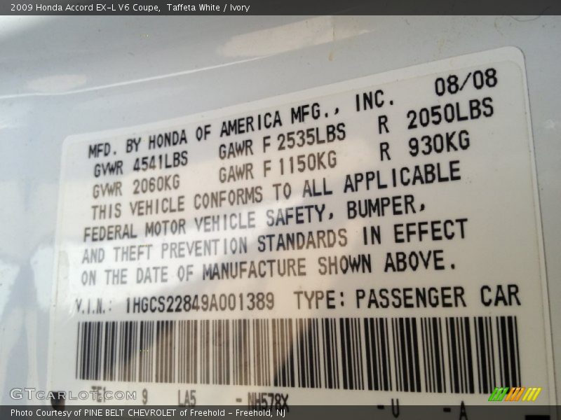 Taffeta White / Ivory 2009 Honda Accord EX-L V6 Coupe