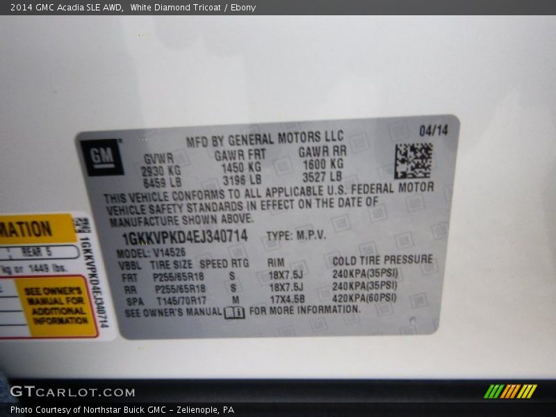 White Diamond Tricoat / Ebony 2014 GMC Acadia SLE AWD
