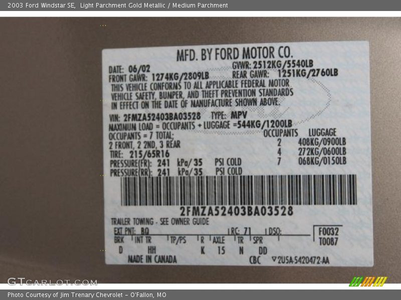 Light Parchment Gold Metallic / Medium Parchment 2003 Ford Windstar SE