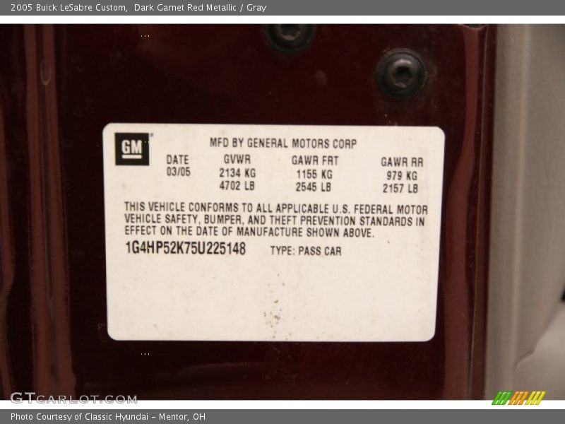 Dark Garnet Red Metallic / Gray 2005 Buick LeSabre Custom