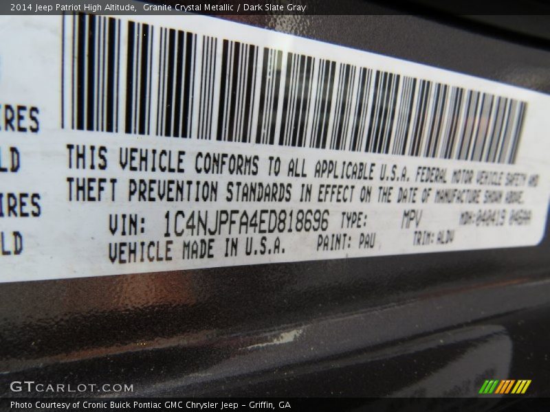 2014 Patriot High Altitude Granite Crystal Metallic Color Code PAU