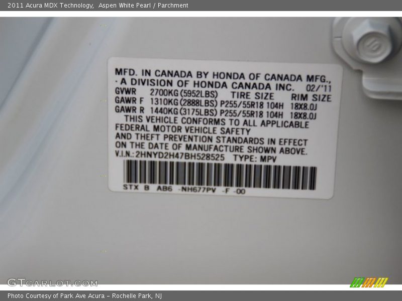 Aspen White Pearl / Parchment 2011 Acura MDX Technology