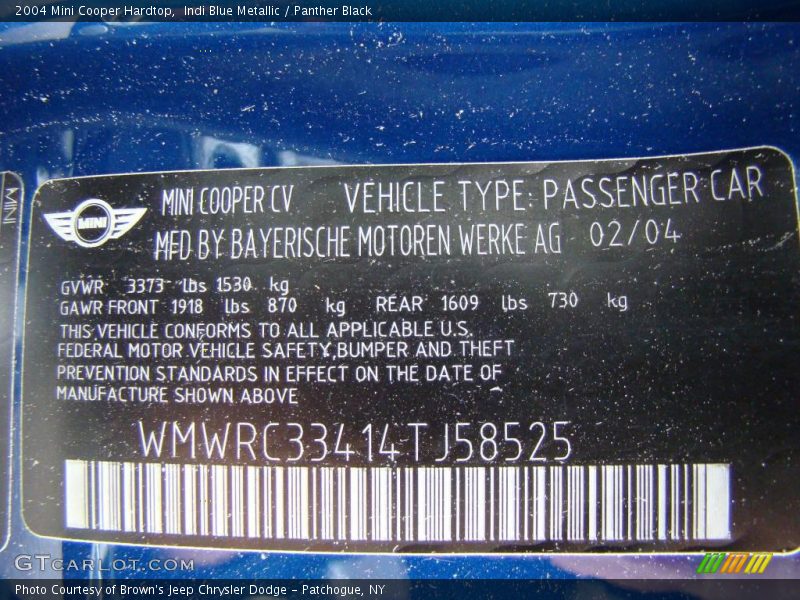 Indi Blue Metallic / Panther Black 2004 Mini Cooper Hardtop