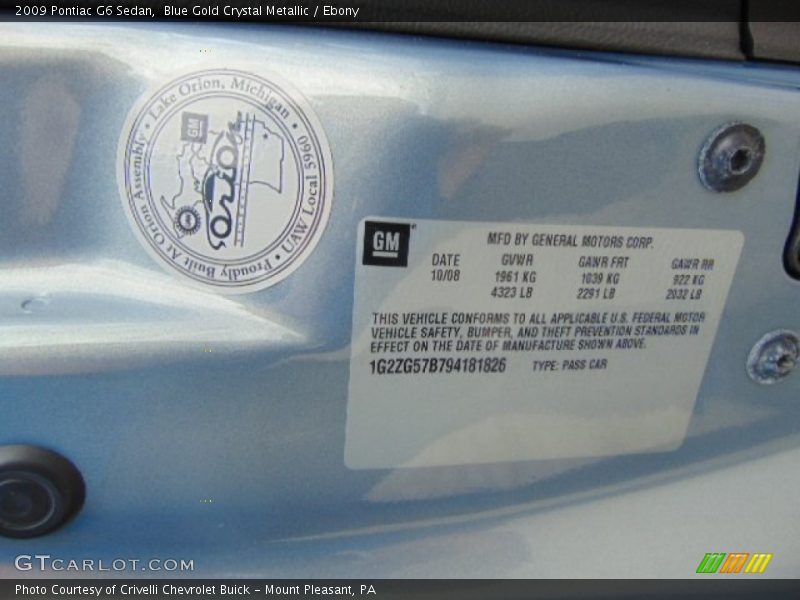 Blue Gold Crystal Metallic / Ebony 2009 Pontiac G6 Sedan