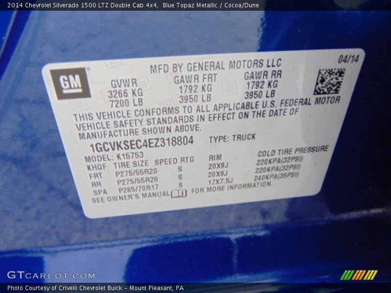 Blue Topaz Metallic / Cocoa/Dune 2014 Chevrolet Silverado 1500 LTZ Double Cab 4x4