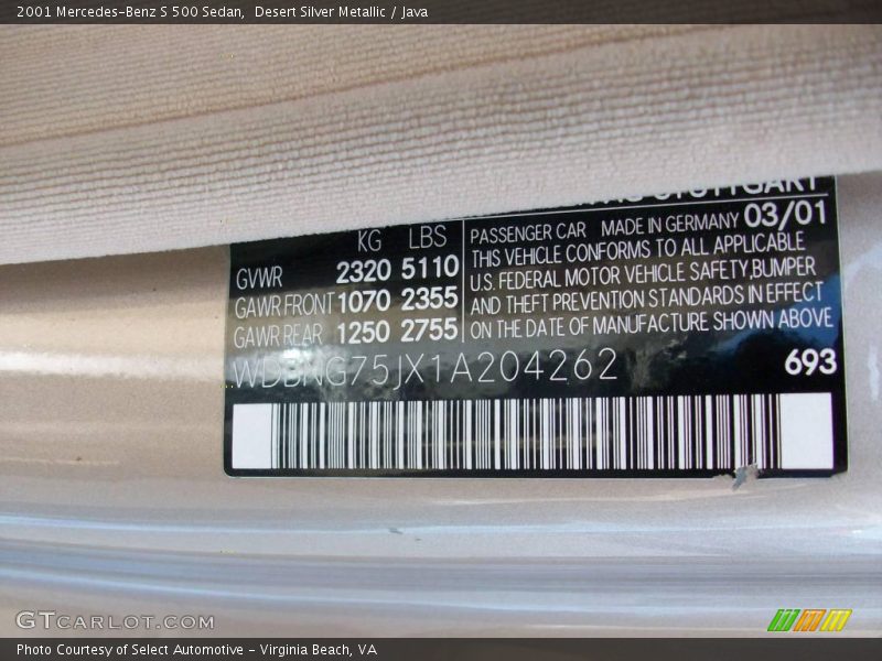 Desert Silver Metallic / Java 2001 Mercedes-Benz S 500 Sedan