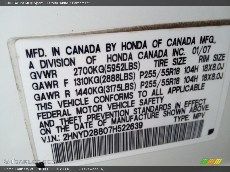 Taffeta White / Parchment 2007 Acura MDX Sport
