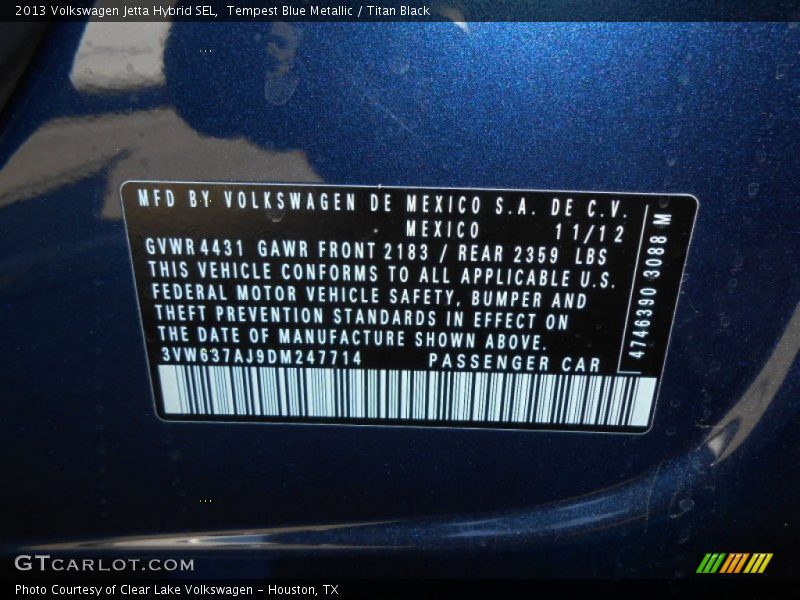 Tempest Blue Metallic / Titan Black 2013 Volkswagen Jetta Hybrid SEL