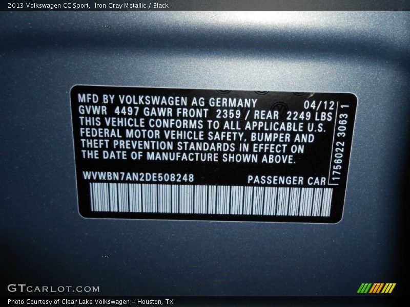 Iron Gray Metallic / Black 2013 Volkswagen CC Sport