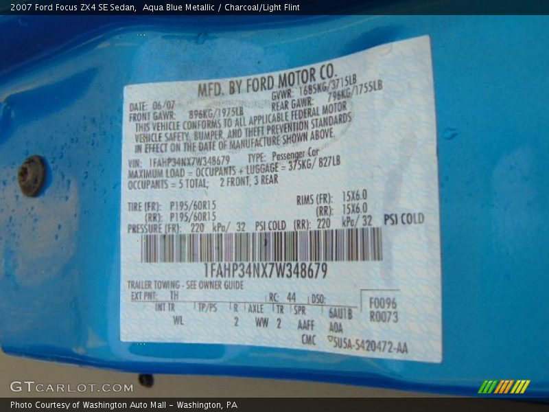 2007 Focus ZX4 SE Sedan Aqua Blue Metallic Color Code TH