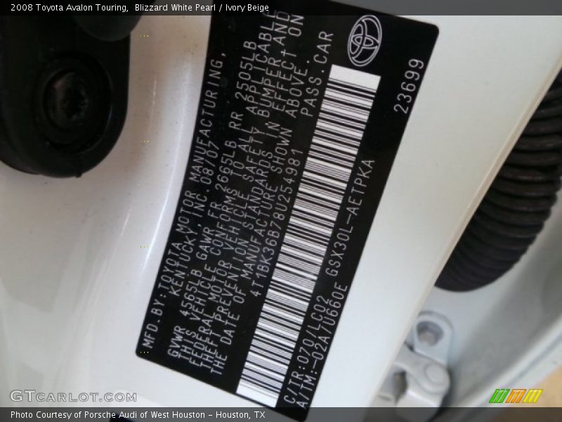 Blizzard White Pearl / Ivory Beige 2008 Toyota Avalon Touring