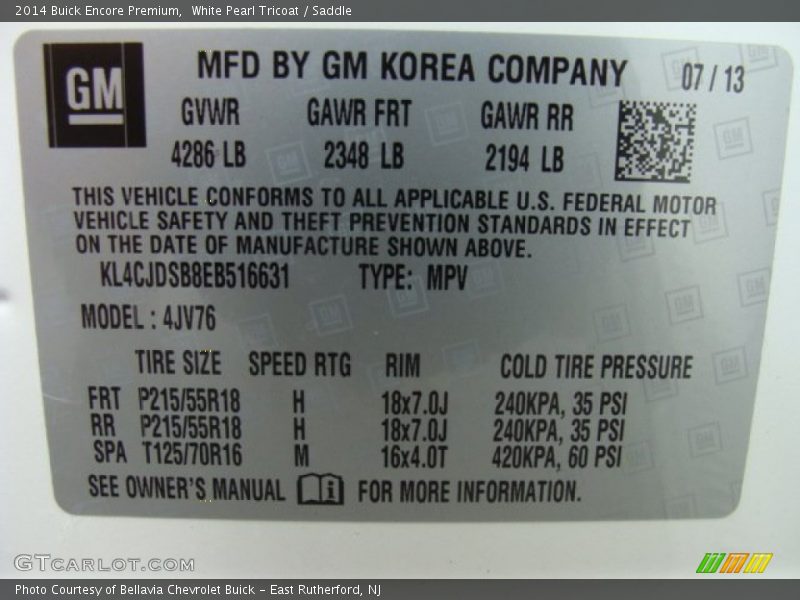 White Pearl Tricoat / Saddle 2014 Buick Encore Premium