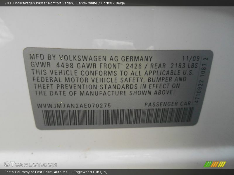Candy White / Cornsilk Beige 2010 Volkswagen Passat Komfort Sedan