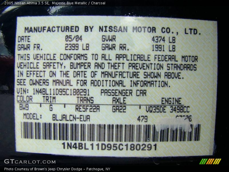 Majestic Blue Metallic / Charcoal 2005 Nissan Altima 3.5 SE