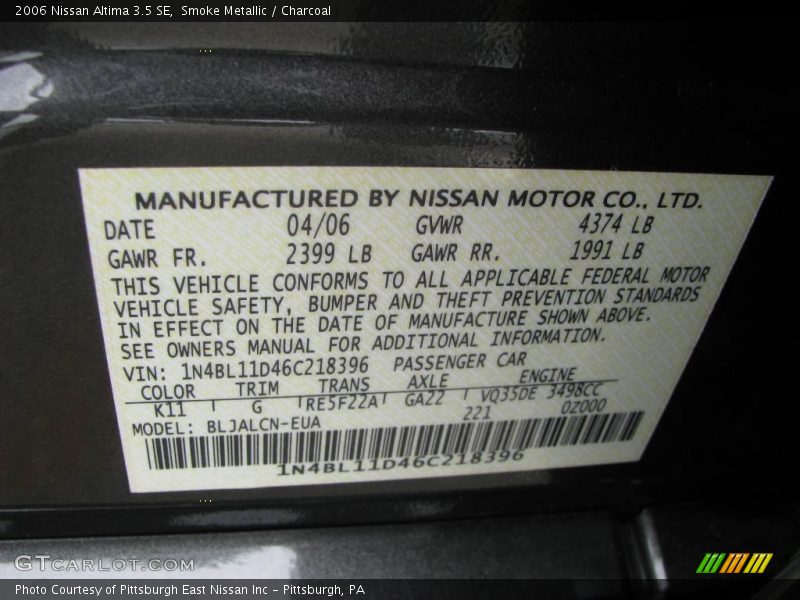 Smoke Metallic / Charcoal 2006 Nissan Altima 3.5 SE
