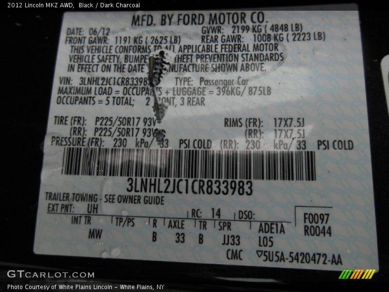 Black / Dark Charcoal 2012 Lincoln MKZ AWD