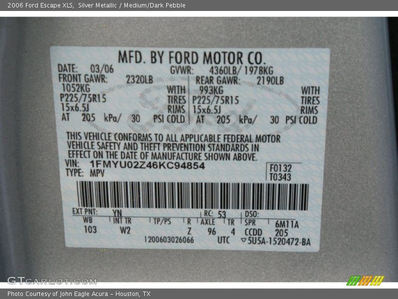 Silver Metallic / Medium/Dark Pebble 2006 Ford Escape XLS