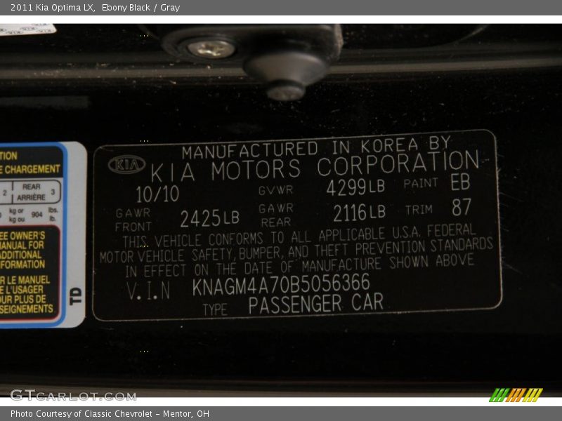 Ebony Black / Gray 2011 Kia Optima LX