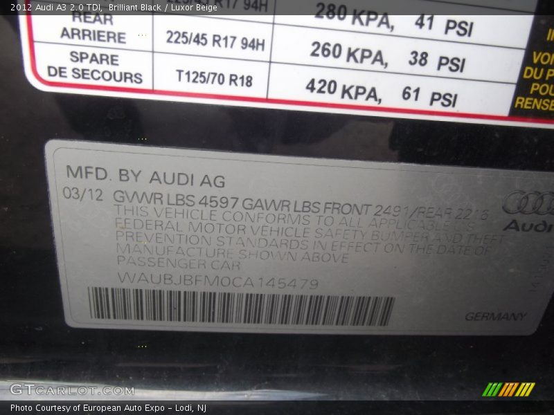 Brilliant Black / Luxor Beige 2012 Audi A3 2.0 TDI