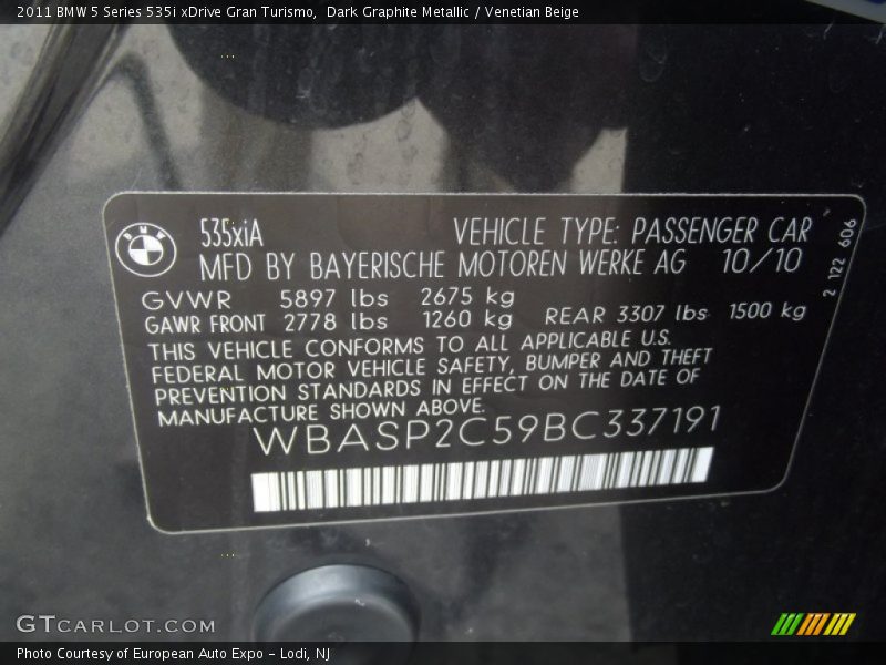 Dark Graphite Metallic / Venetian Beige 2011 BMW 5 Series 535i xDrive Gran Turismo