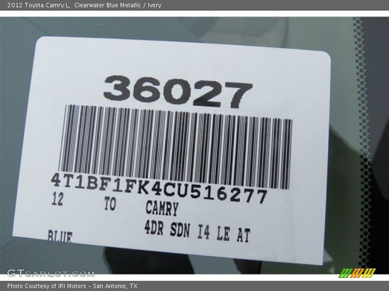 Clearwater Blue Metallic / Ivory 2012 Toyota Camry L