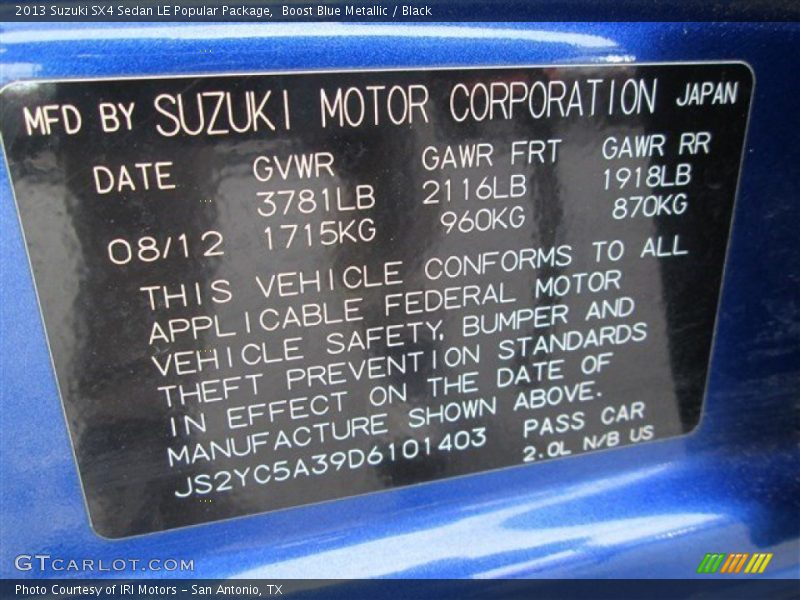 Boost Blue Metallic / Black 2013 Suzuki SX4 Sedan LE Popular Package