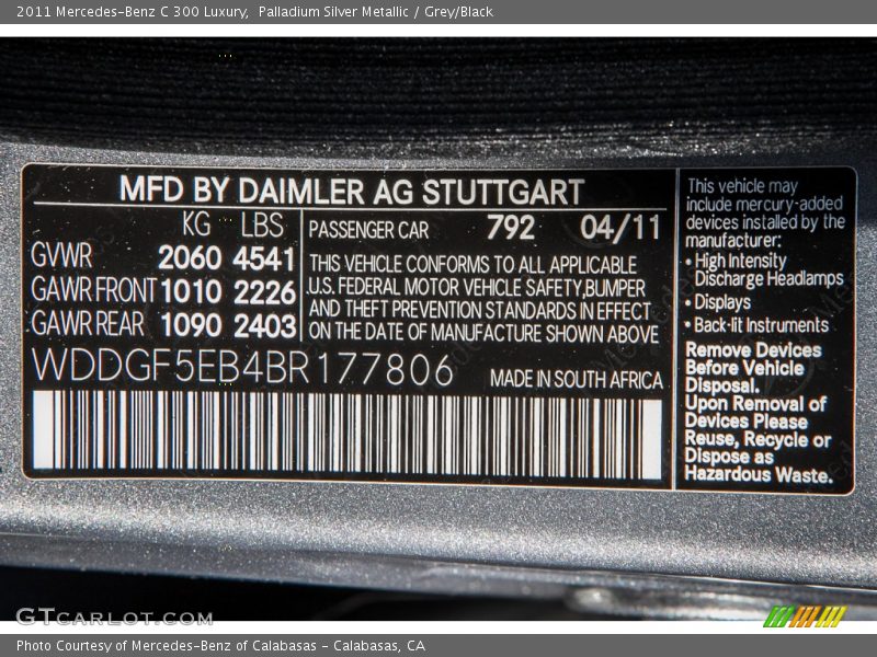 Palladium Silver Metallic / Grey/Black 2011 Mercedes-Benz C 300 Luxury