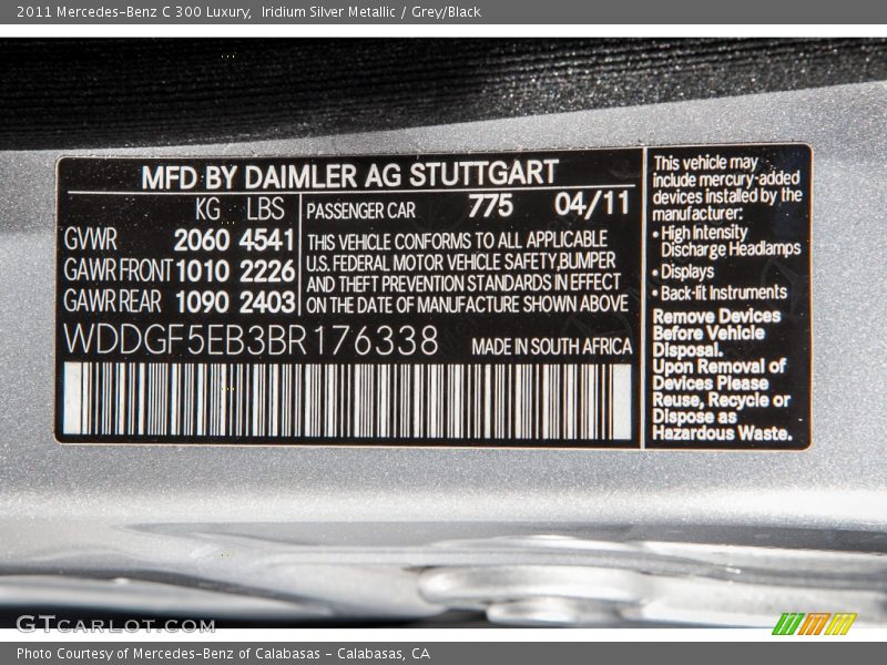 Iridium Silver Metallic / Grey/Black 2011 Mercedes-Benz C 300 Luxury