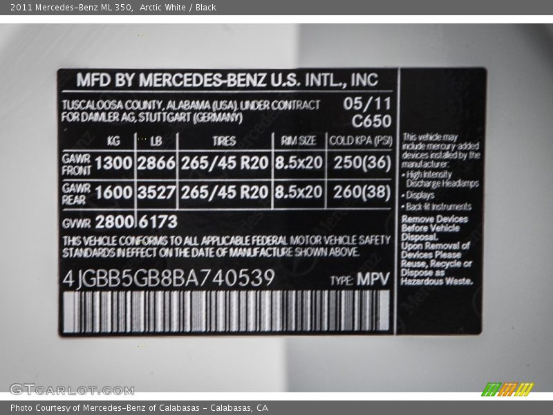 Arctic White / Black 2011 Mercedes-Benz ML 350