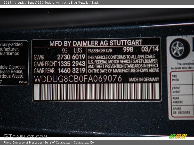 2015 S 550 Sedan Anthracite Blue Metallic Color Code 998