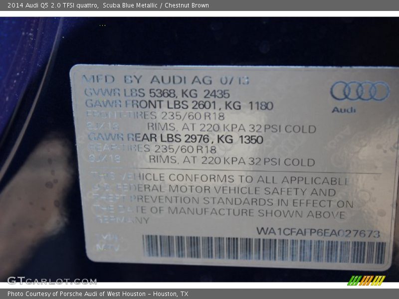 Scuba Blue Metallic / Chestnut Brown 2014 Audi Q5 2.0 TFSI quattro