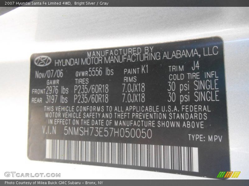 Bright Silver / Gray 2007 Hyundai Santa Fe Limited 4WD