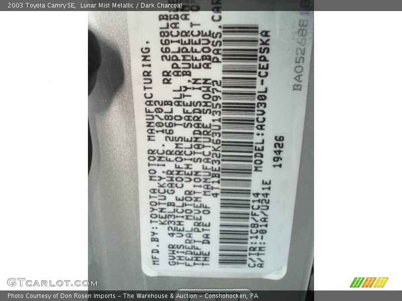 Lunar Mist Metallic / Dark Charcoal 2003 Toyota Camry SE