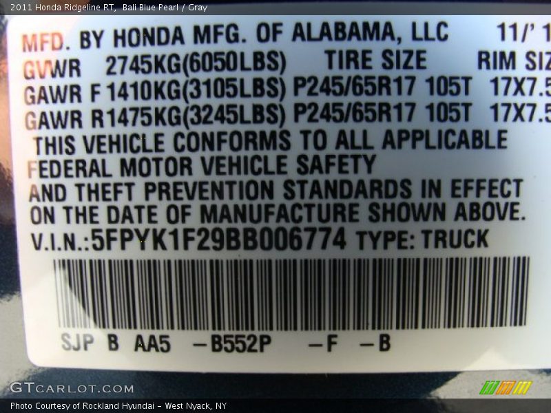 Bali Blue Pearl / Gray 2011 Honda Ridgeline RT