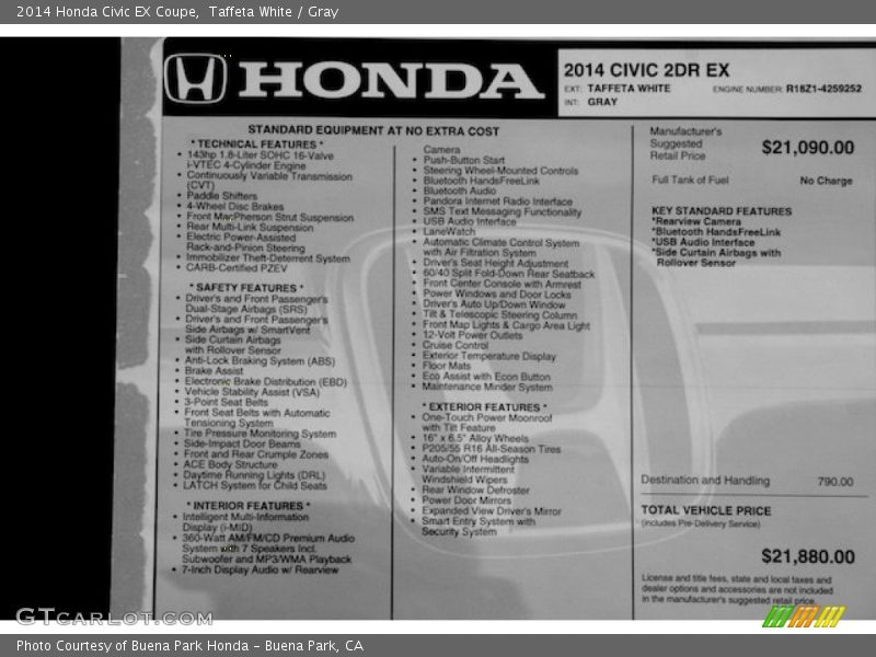 Taffeta White / Gray 2014 Honda Civic EX Coupe