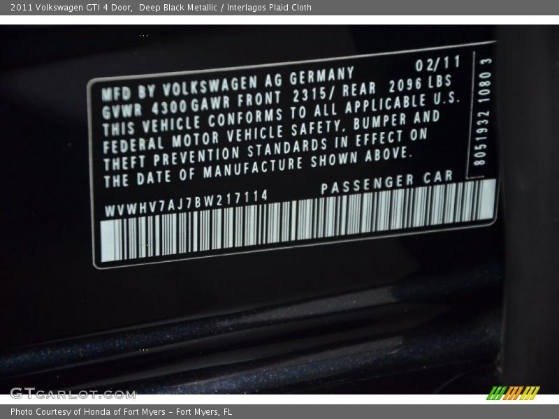 Deep Black Metallic / Interlagos Plaid Cloth 2011 Volkswagen GTI 4 Door