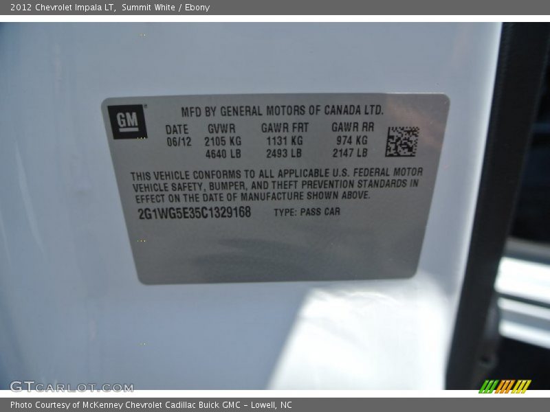 Summit White / Ebony 2012 Chevrolet Impala LT