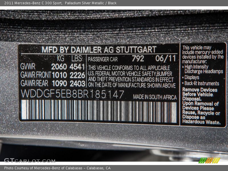 Palladium Silver Metallic / Black 2011 Mercedes-Benz C 300 Sport