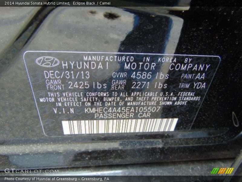 2014 Sonata Hybrid Limited Eclipse Black Color Code AA